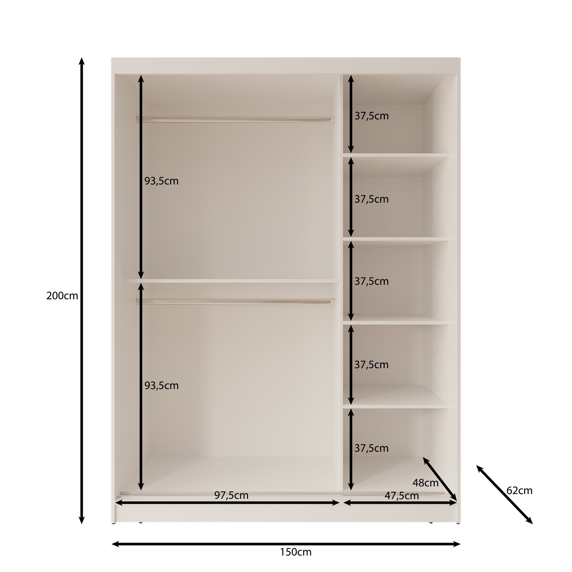Lava - Kledingkast met 2 schuifdeuren - Zwart - 150x62x200 cm