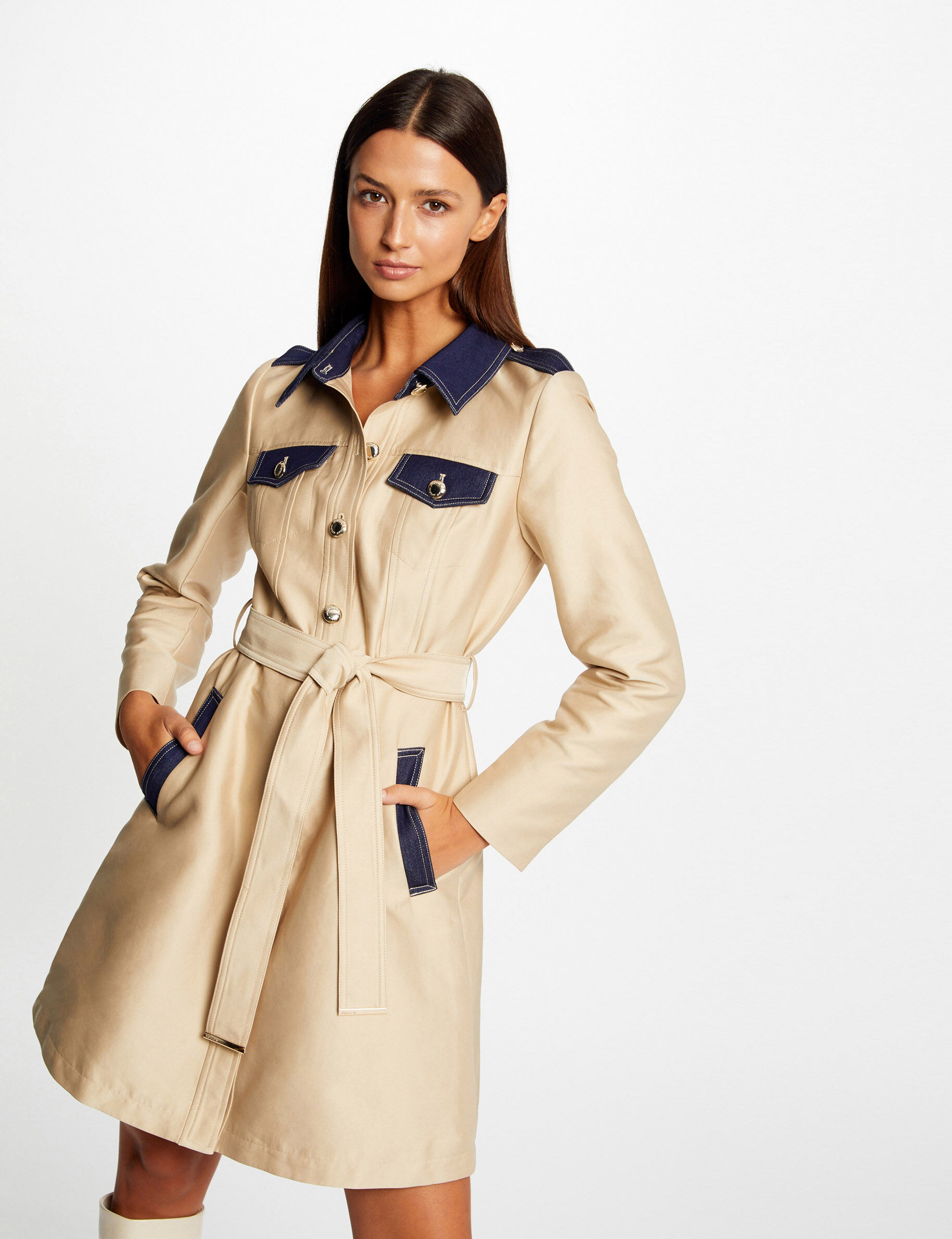 Trench long évasé ceinturé détails denim beige femme - beige