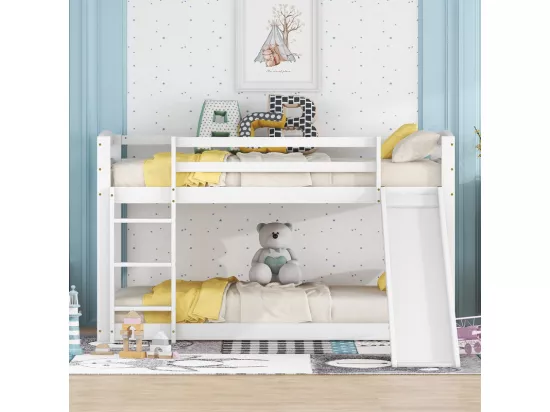 Lits superposés - 2 x 90 x 200 cm - lit enfant avec toboggan de gauche/droite - cadre en bois massif - Blanc