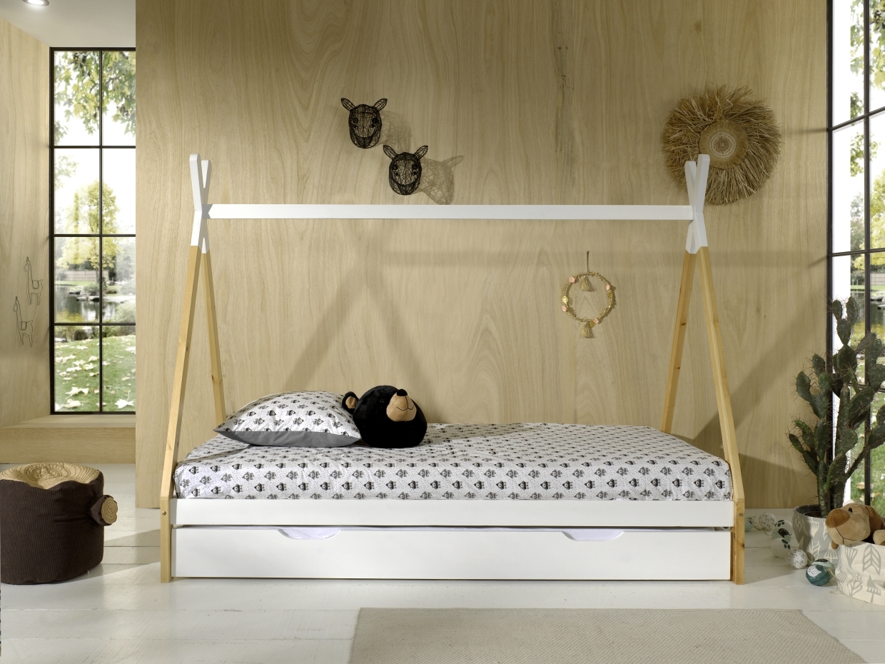 Tipi-Zelt-Bett - weiß-Kiefer - Schublade - Rolllattenrost - 90x200 cm