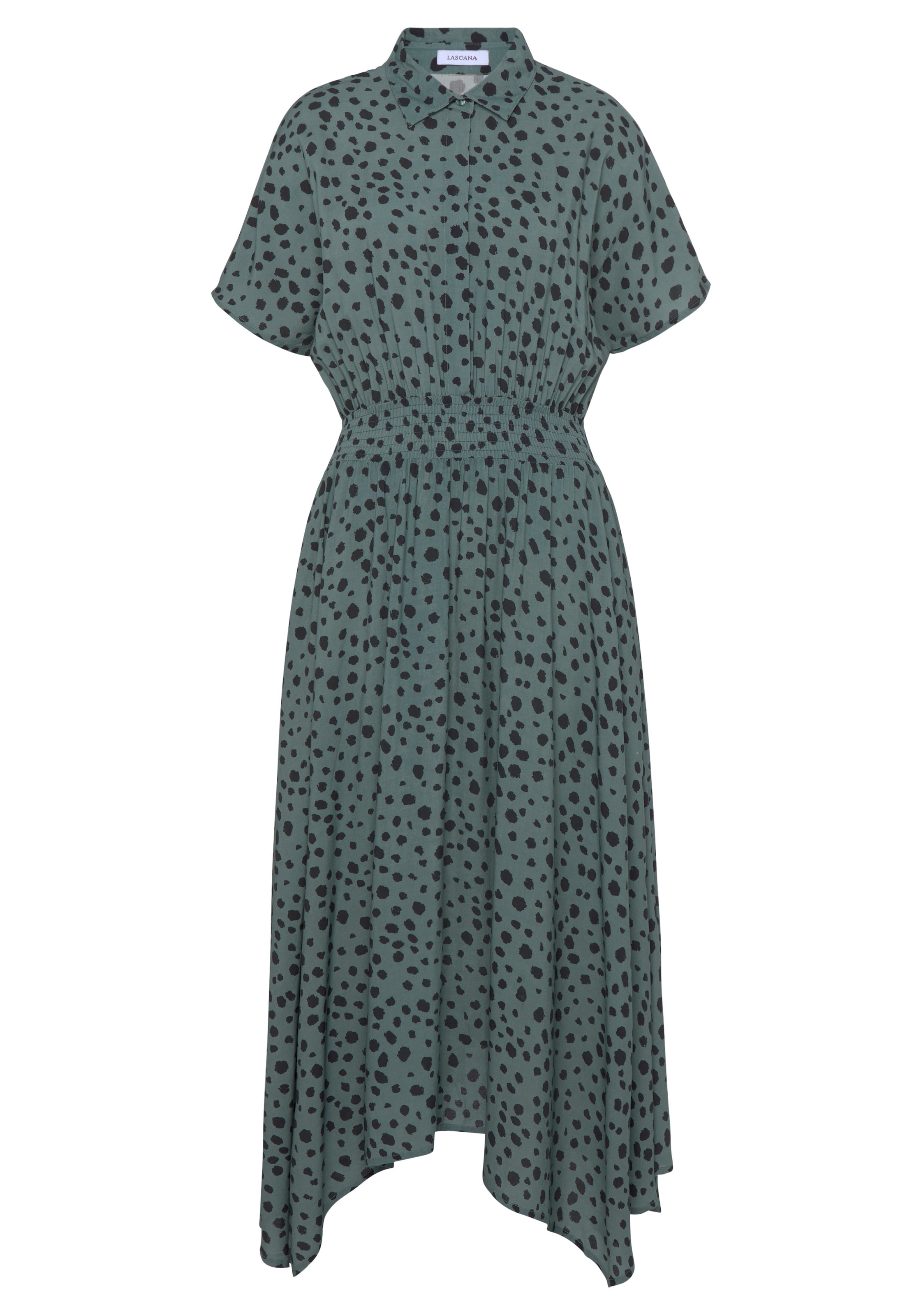 LASCANA Druckkleid mit Punktedruck und asymmetrischem Saum, Hemdblusenkleid, Midikleid
