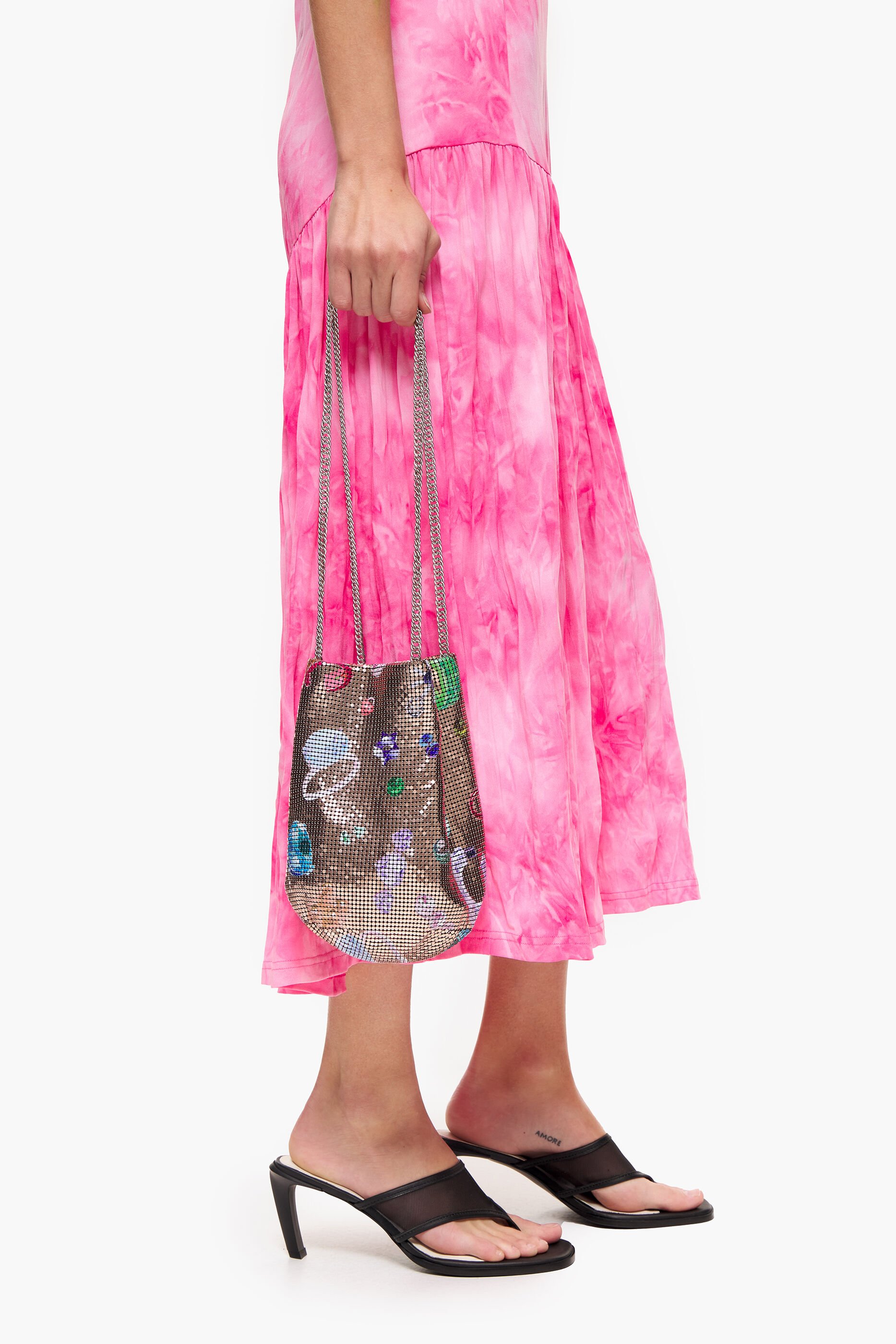 Bolsa de malha com cordão Fallen Jewels com estampa dourada