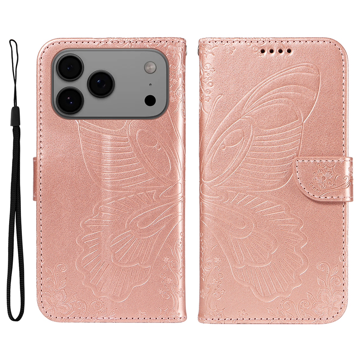 iPhone 17 Pro Max Leder Tasche Flip Cover Schmetterlinge Imprint - Roségold