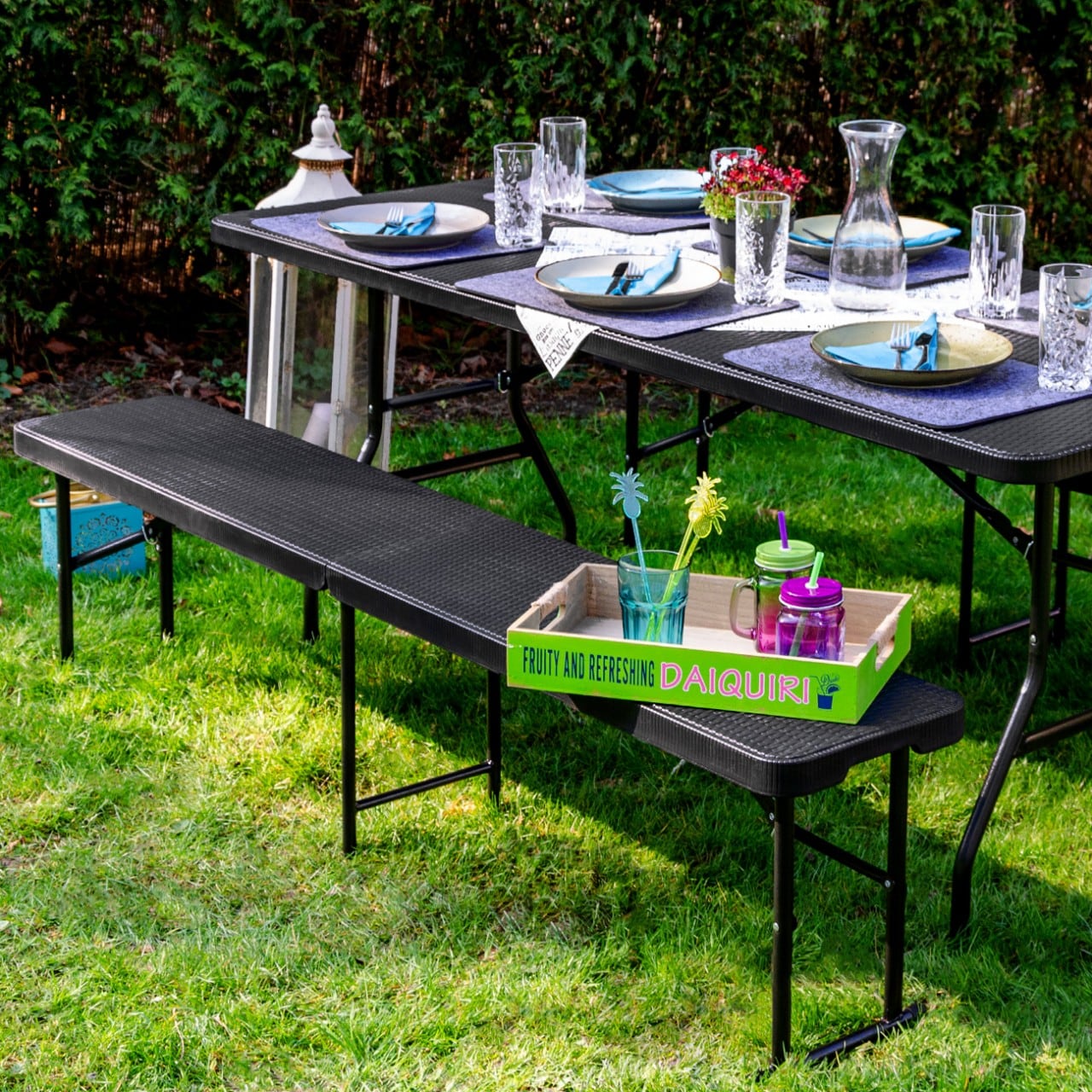 Wetterfeste Bierbank - Klappbar 184x30x43 - Rattan Look Kunststoff Bank Sitzbank