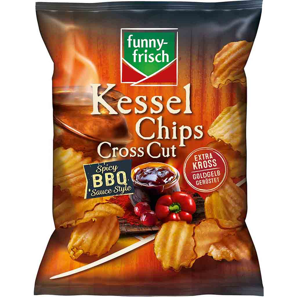 funny frisch Kessel Chips Cross Cut Spicy BBQ Sauce Style 120g MHD:3.3.25