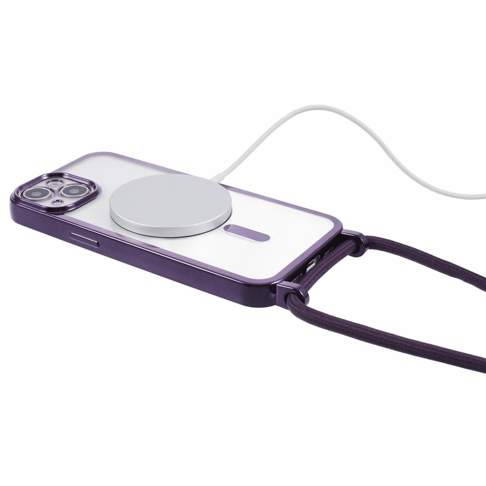 iPhone 15 MagSafe Necklace Gummi Case Hülle Galvanisierter Rahmen mit Handykette (160cm)   Kameraschutz - Lila / Transparent