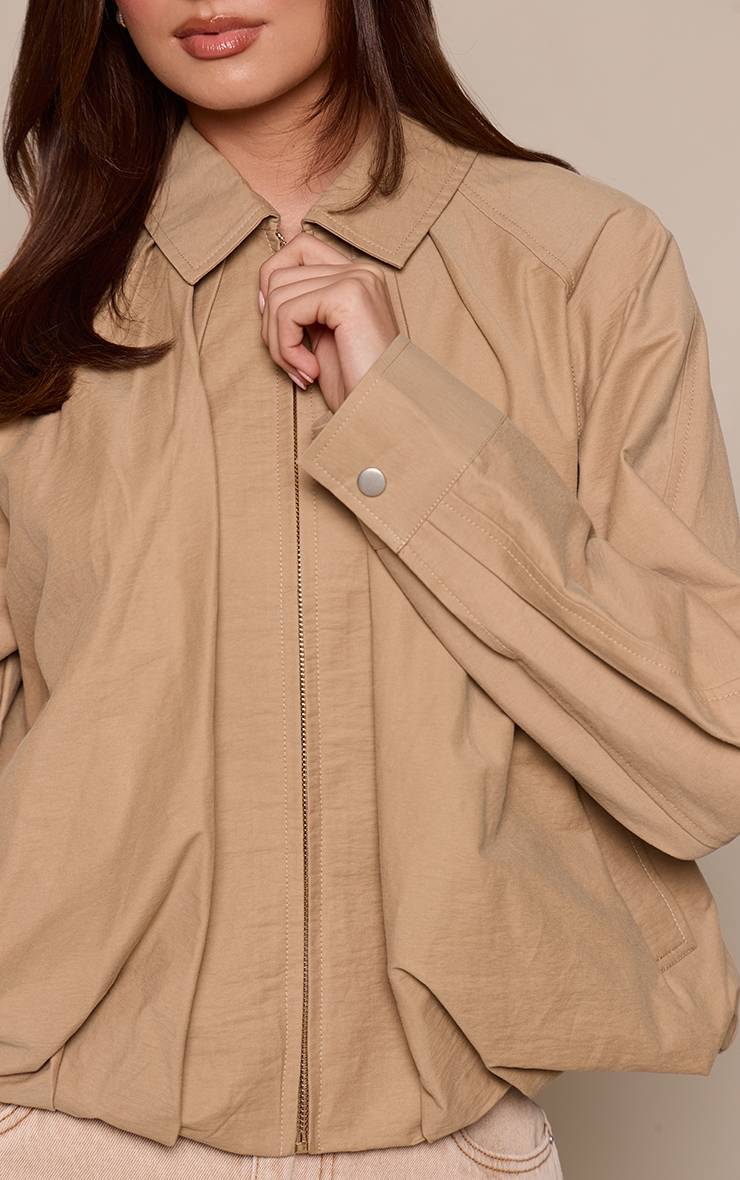 Beige Veste Bomber Zippée À Ourlet Froncé