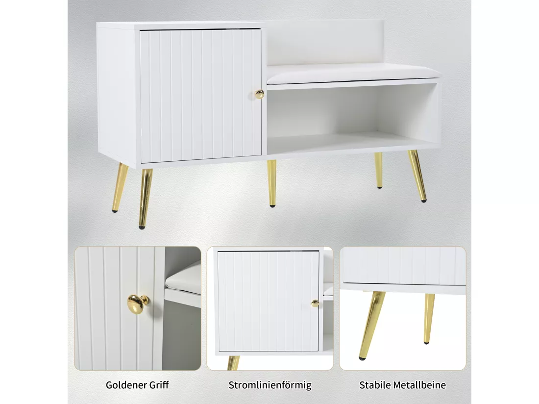 Banc à chaussures moderne avec 3 portes et coussin - pièds et poignées en métal - coloris blanc - 100 x 38 x 58 cm