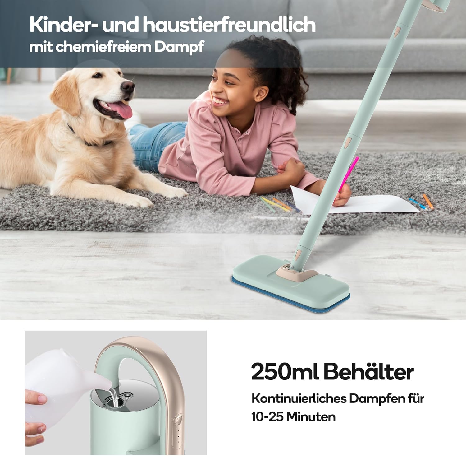Newbealer 2-in-1 Dampfreiniger, 1200W Handgerät mit abnehmbarem Reiniger, 3 Dampfstufen, 7 Zubehörteile und 2 Mikrofaserpads, Ideal für Alle Böden, Teppiche