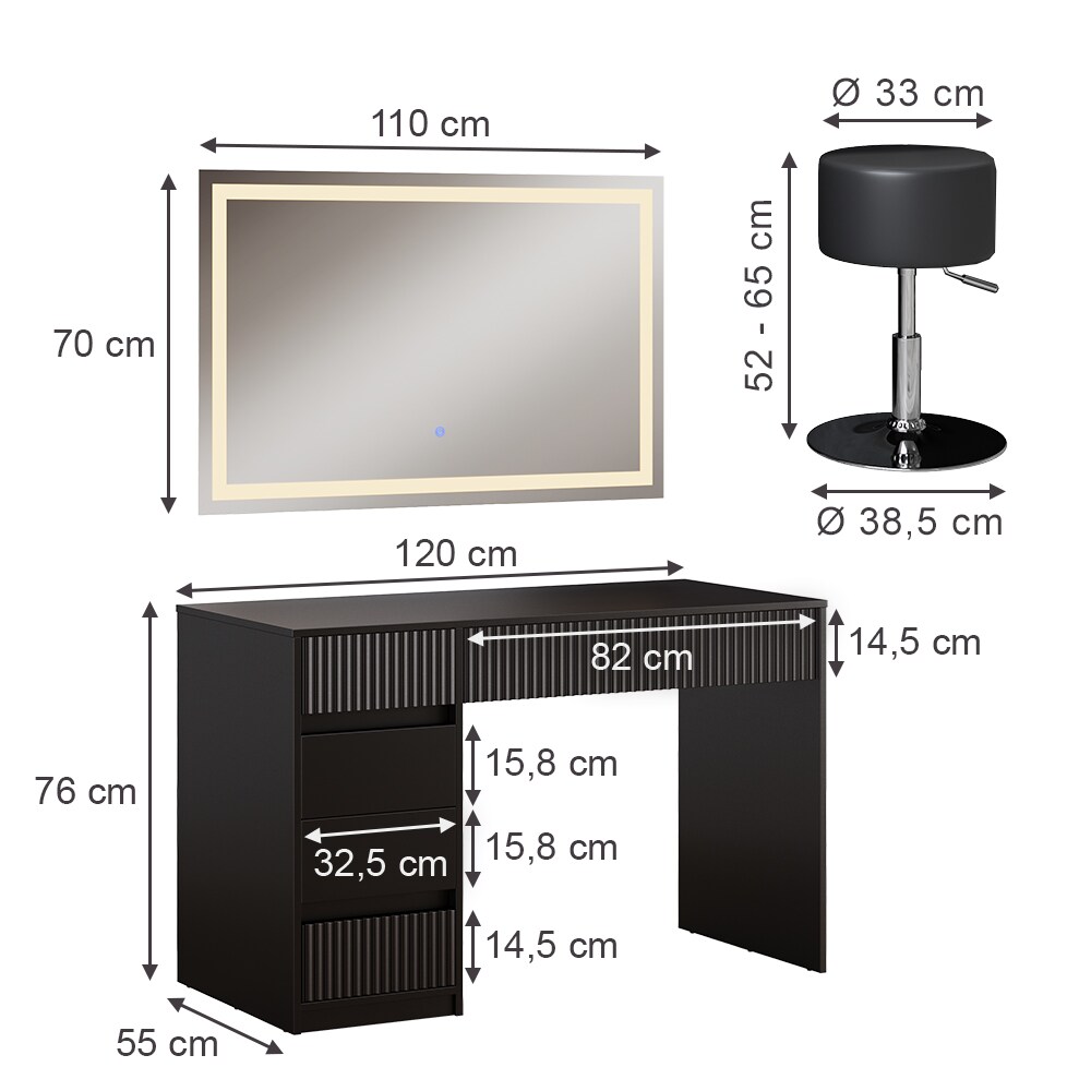Vicco Schminktisch Omira Schwarz 120 cm mit LED-Spiegel und Hocker