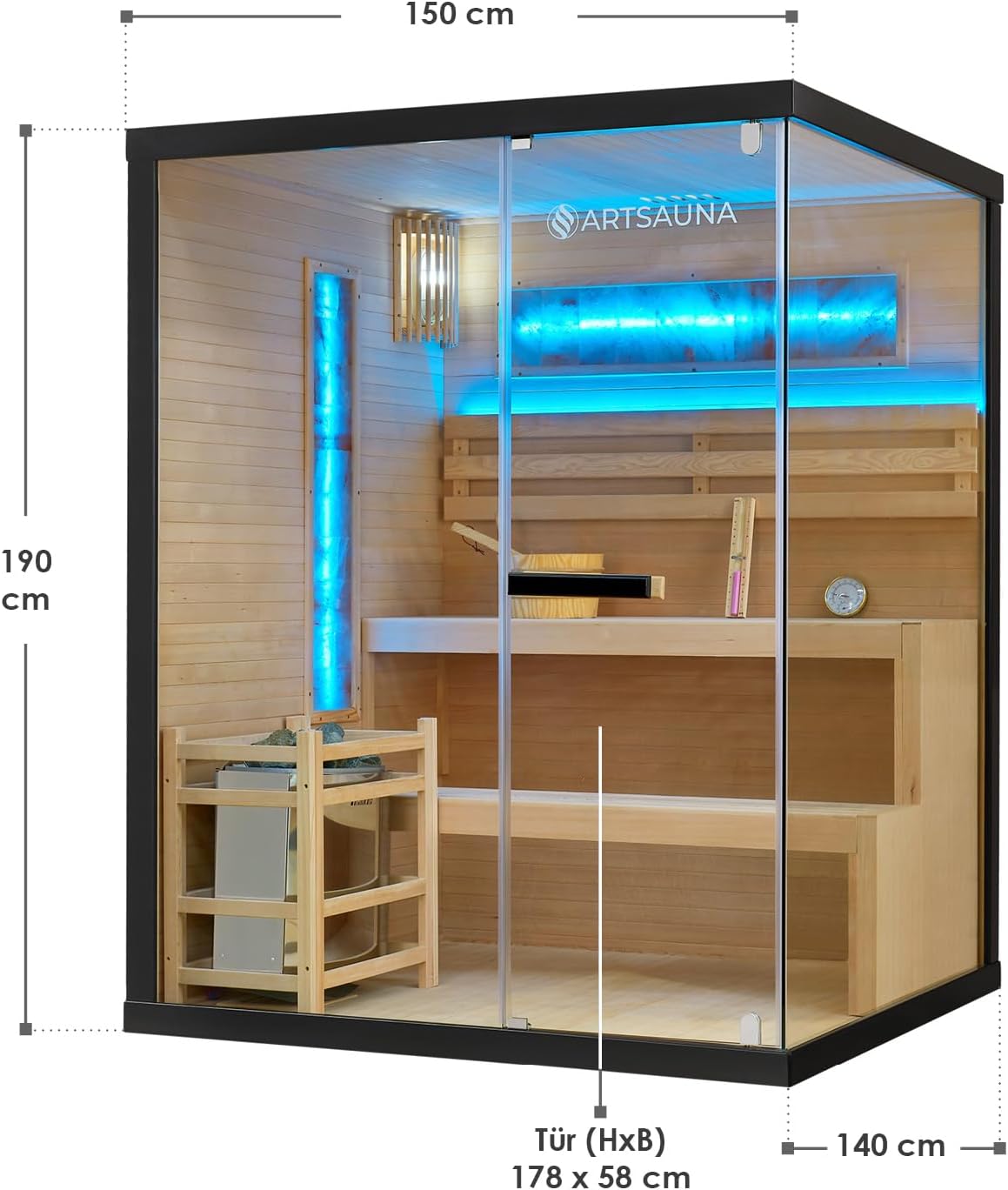 Artsauna Saunakabine Vantaa 150 mit Salzstein - Indoor Sauna 3 Personen - 4,5 kW Ofen, Glasfront, LED Licht, Thermometer & Sanduhr - Komplett Set