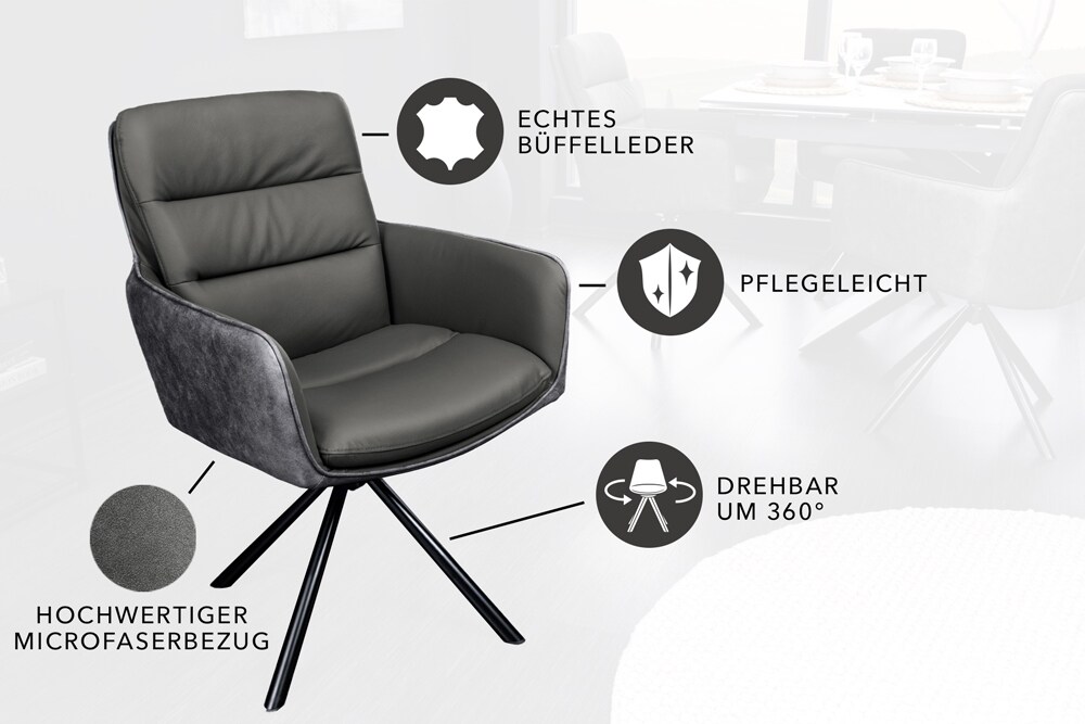 riess-ambiente Stuhl BIG GEORGE - grau Echtleder Microfaser mit Armlehne schwarze Metallbeine Drehbarer