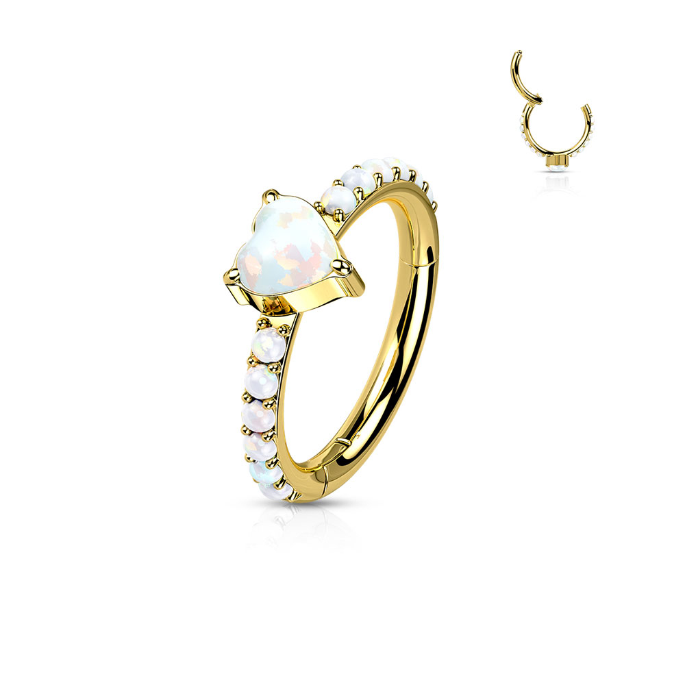 (8mm / 1.2mm) Tragus / Helix G23 Titan Ohr Piercing Klickverschluss Opal Ring mit Herz - Gold / Weiss
