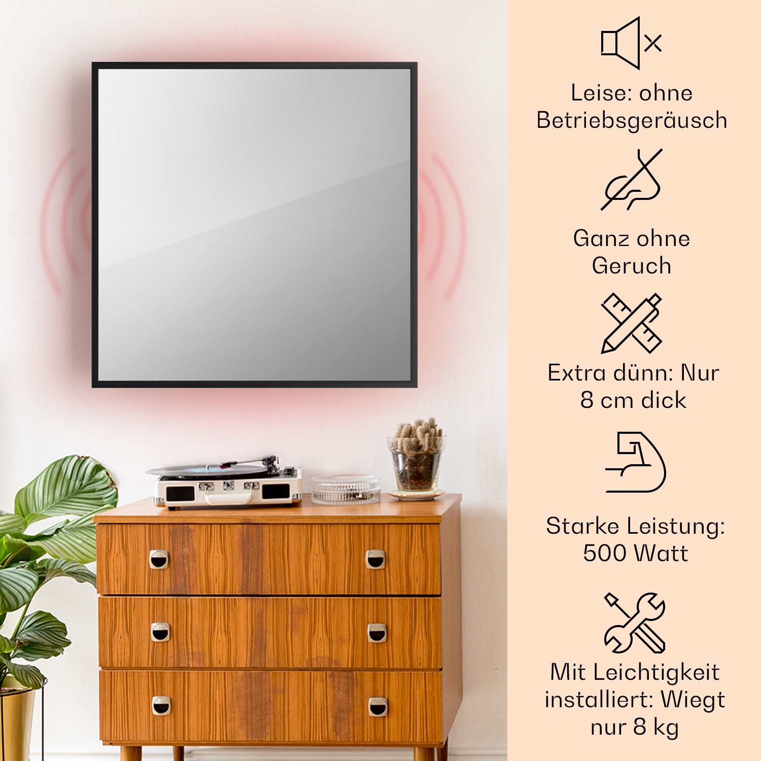 La Palma 500 smart 2-in-1 Heizgerät Infrarot Konvektor 60x60cm 500W Spiegelfront