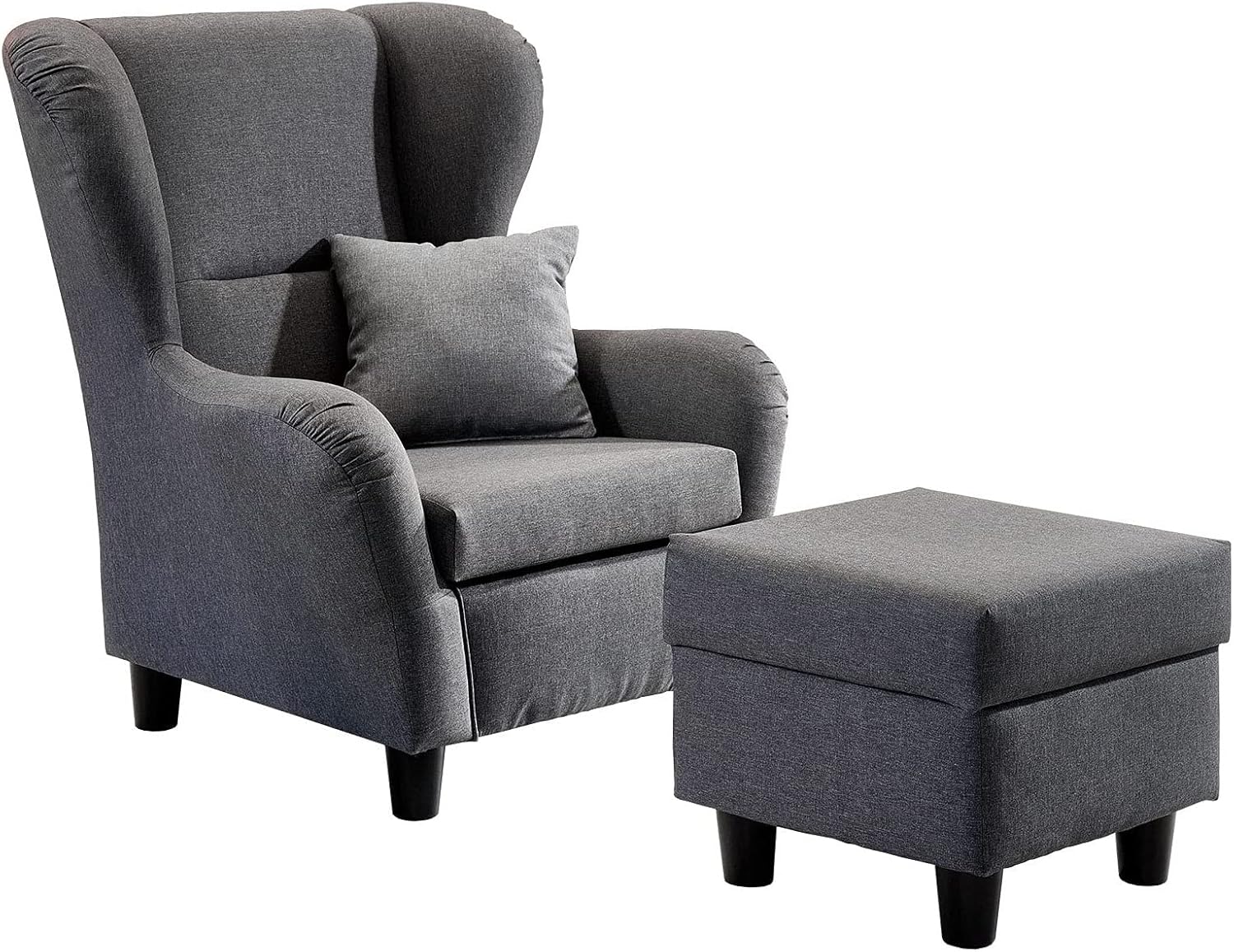 Gemütlicher Ohrensessel mit Hocker im Landhaus-Stil, B90/H98/T76 cm, hoher Sitzkomfort durch Wellenunterfederung, moderner Lesesessel mit Echtholzfüßen und Zierkissen, Strukturstoff in Grau / 18001