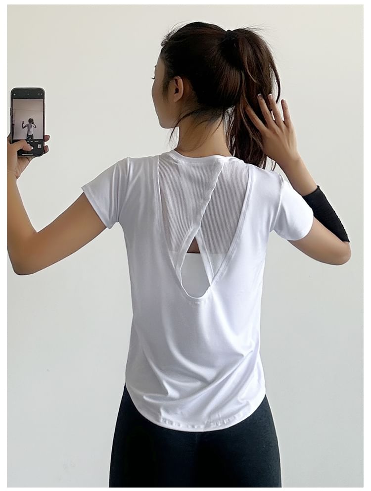Engiko - Sport-T-shirt met korte mouwen, ronde hals, effen mesh-paneel en uitsparing op de rug