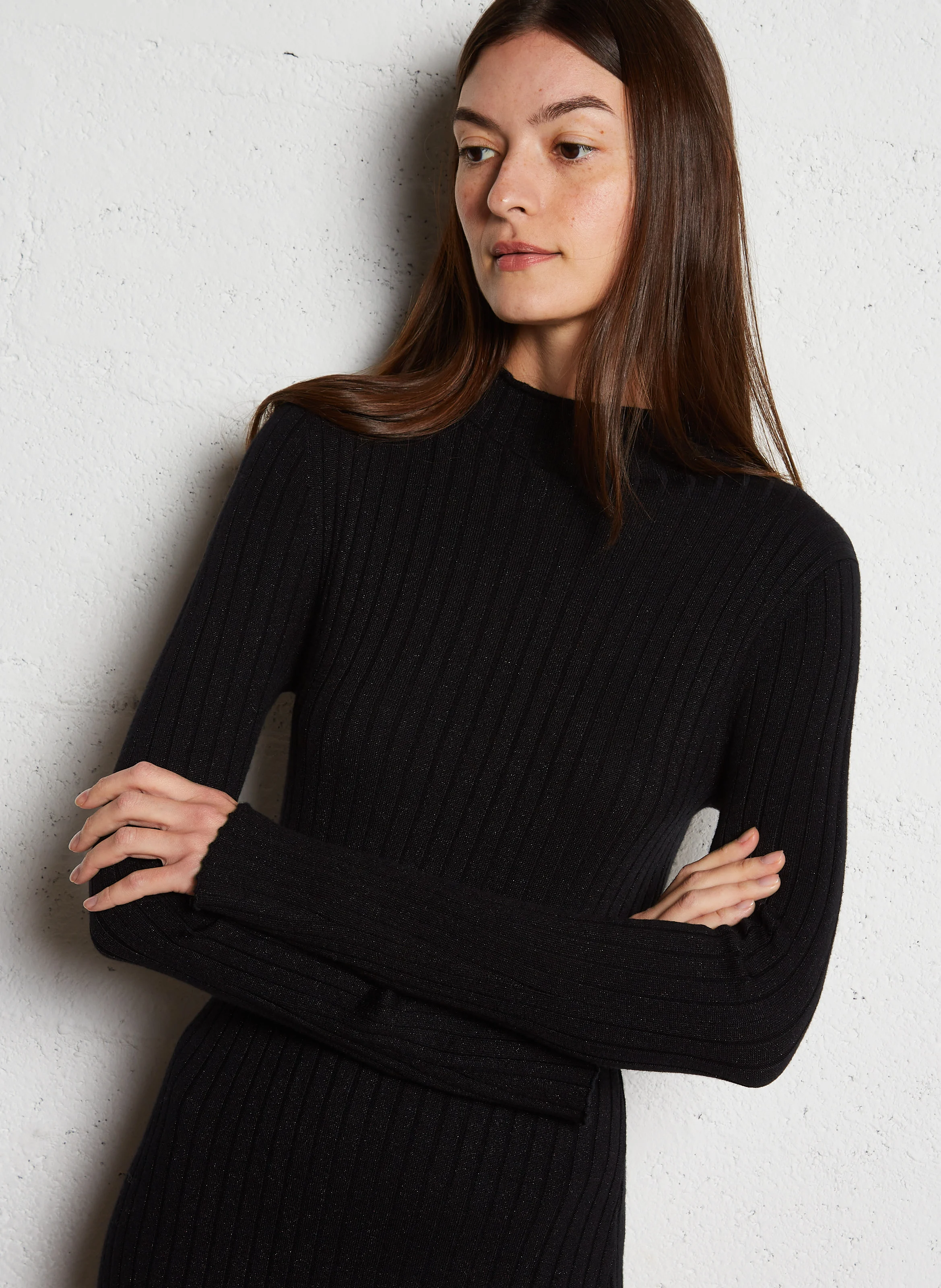 Robe longue col montant en coton bio mélangé | Noir
