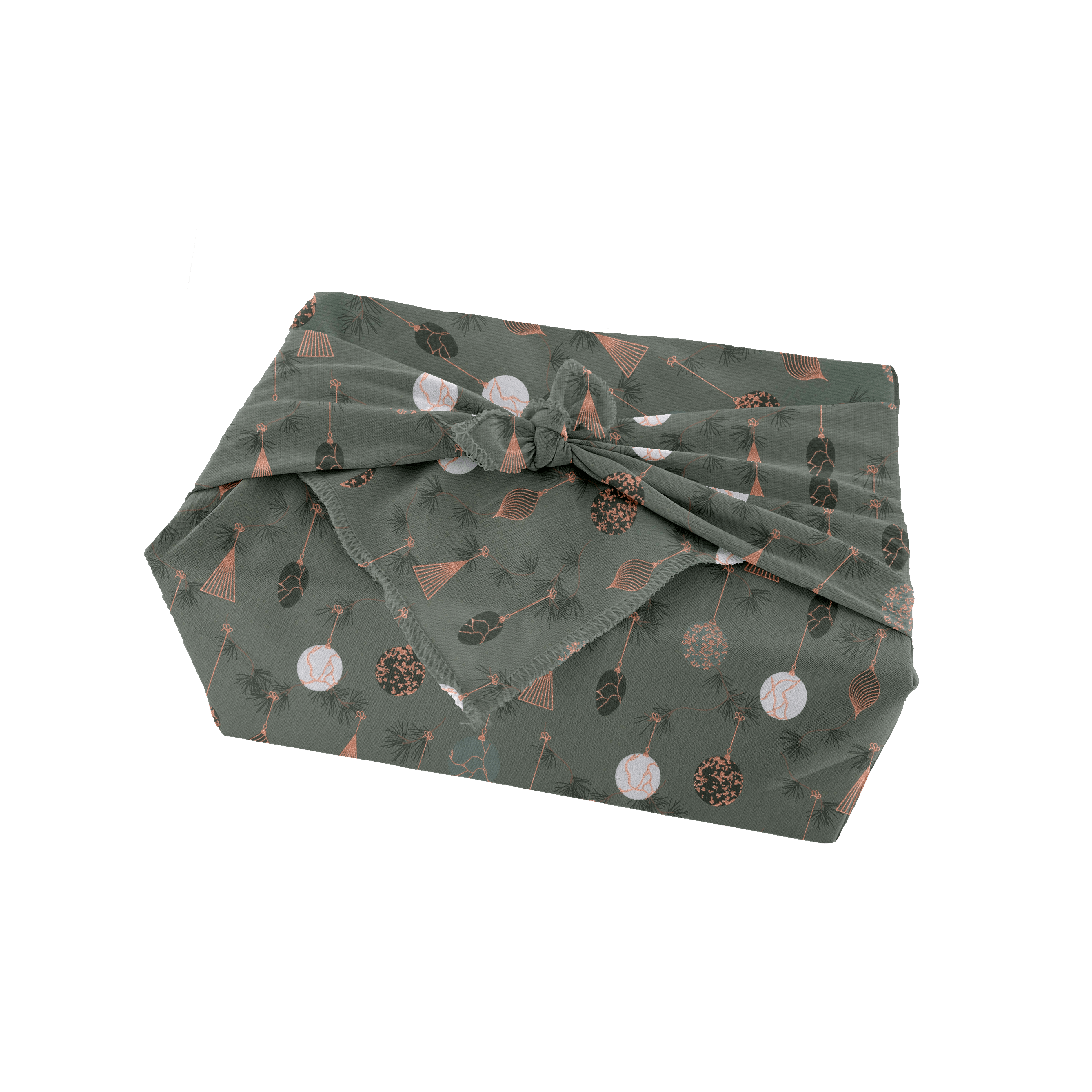 Furoshiki Moyen 48 X 48 Cm Ex2348 Boules De Noel Cuivré Vert Gris