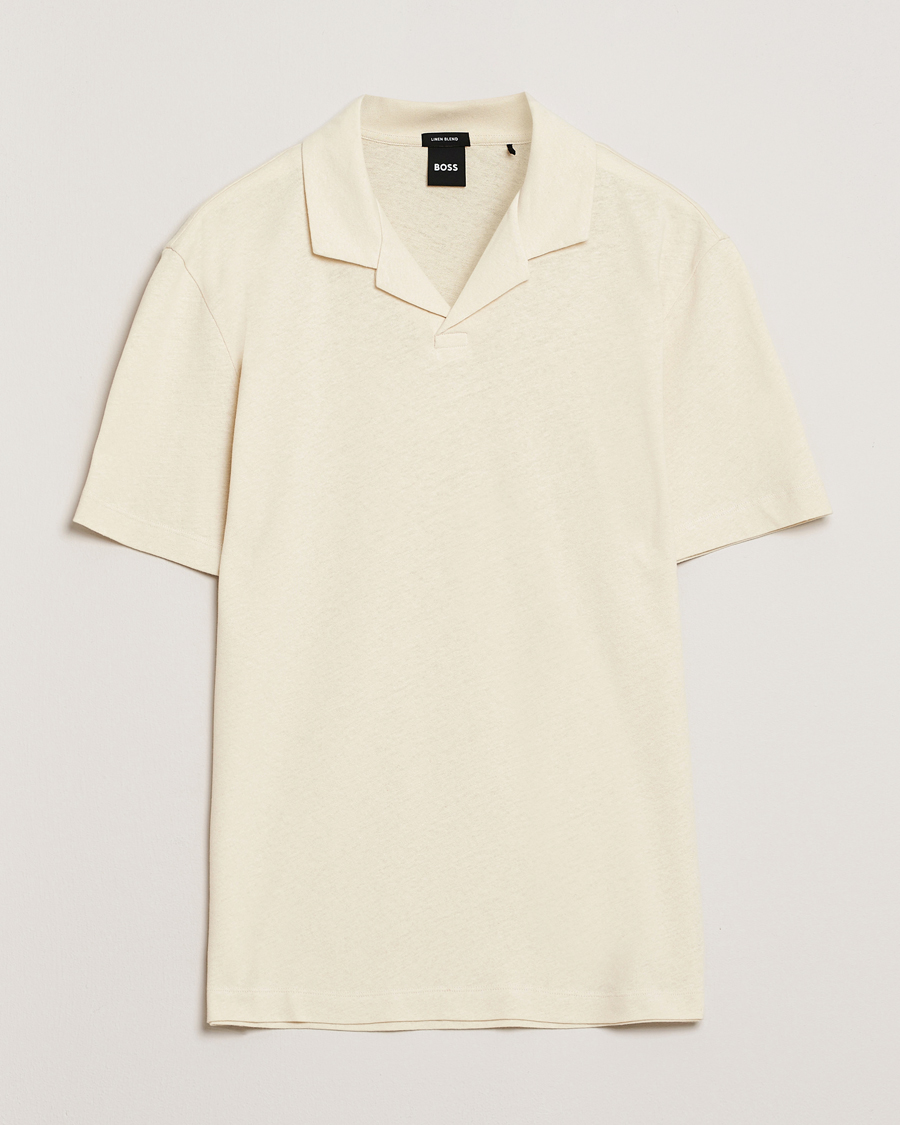 BOSS BLACK Ponti Cotton/Linen Open Collar Polo Open White