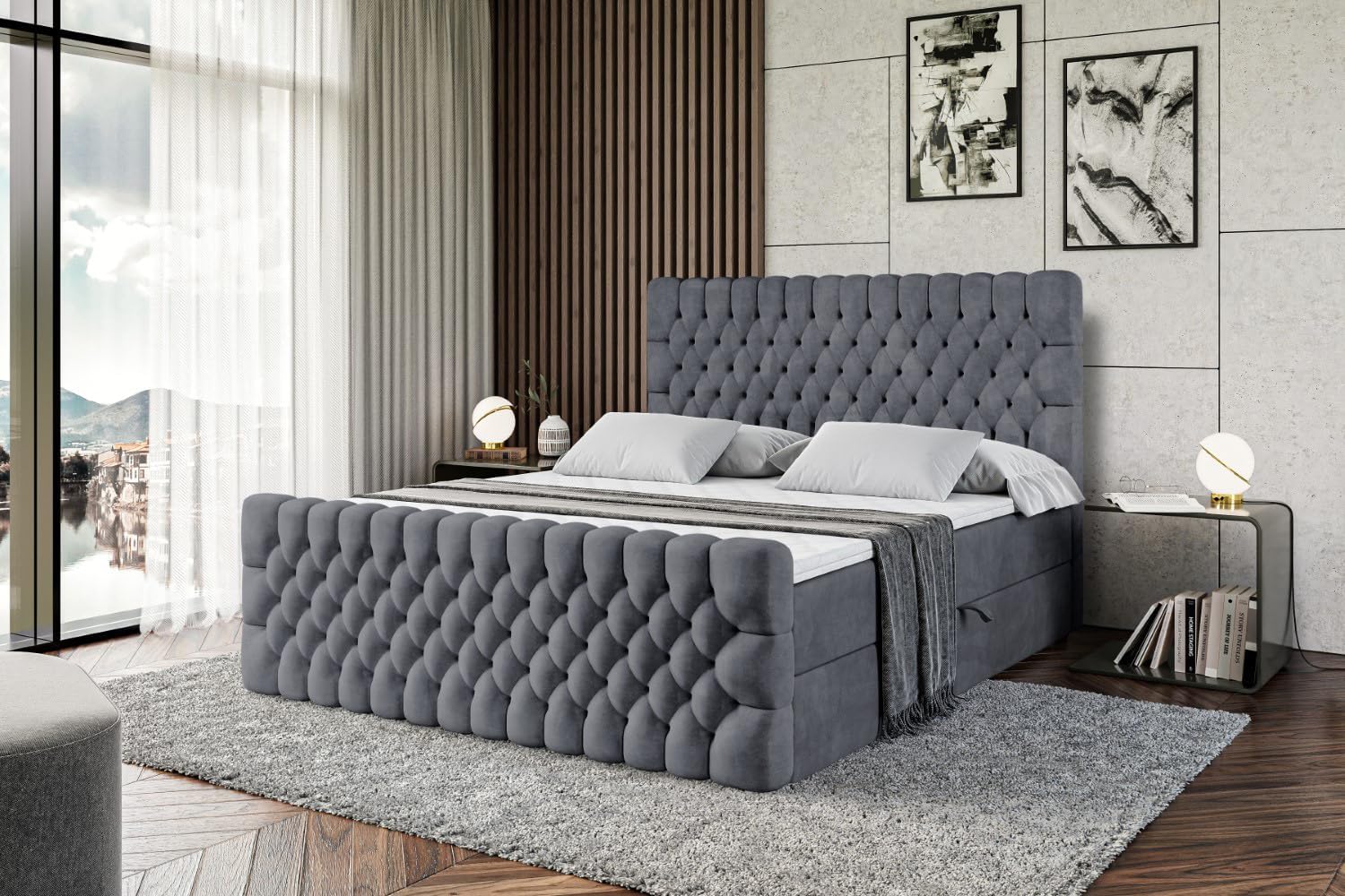 ALTDECOR Boxspringbett mit Matratze und Lattenrost, Boxbett, Topper, Fußteil, Polsterbett mit Bettkasten, Bett mit Stauraum H3-Matratze, Springboxbett -Serene-Z - 180x200 - Dunkelgrau Samt