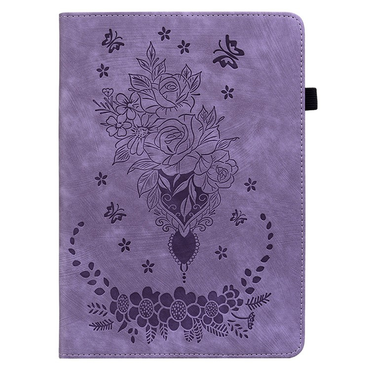 Samsung Galaxy Tab S10 Lite / S10 FE / Tab S9 FE / S9 Leder Tasche Flip Cover Rosen & Schmetterling Imprint   S-Pen Halterung - Lila