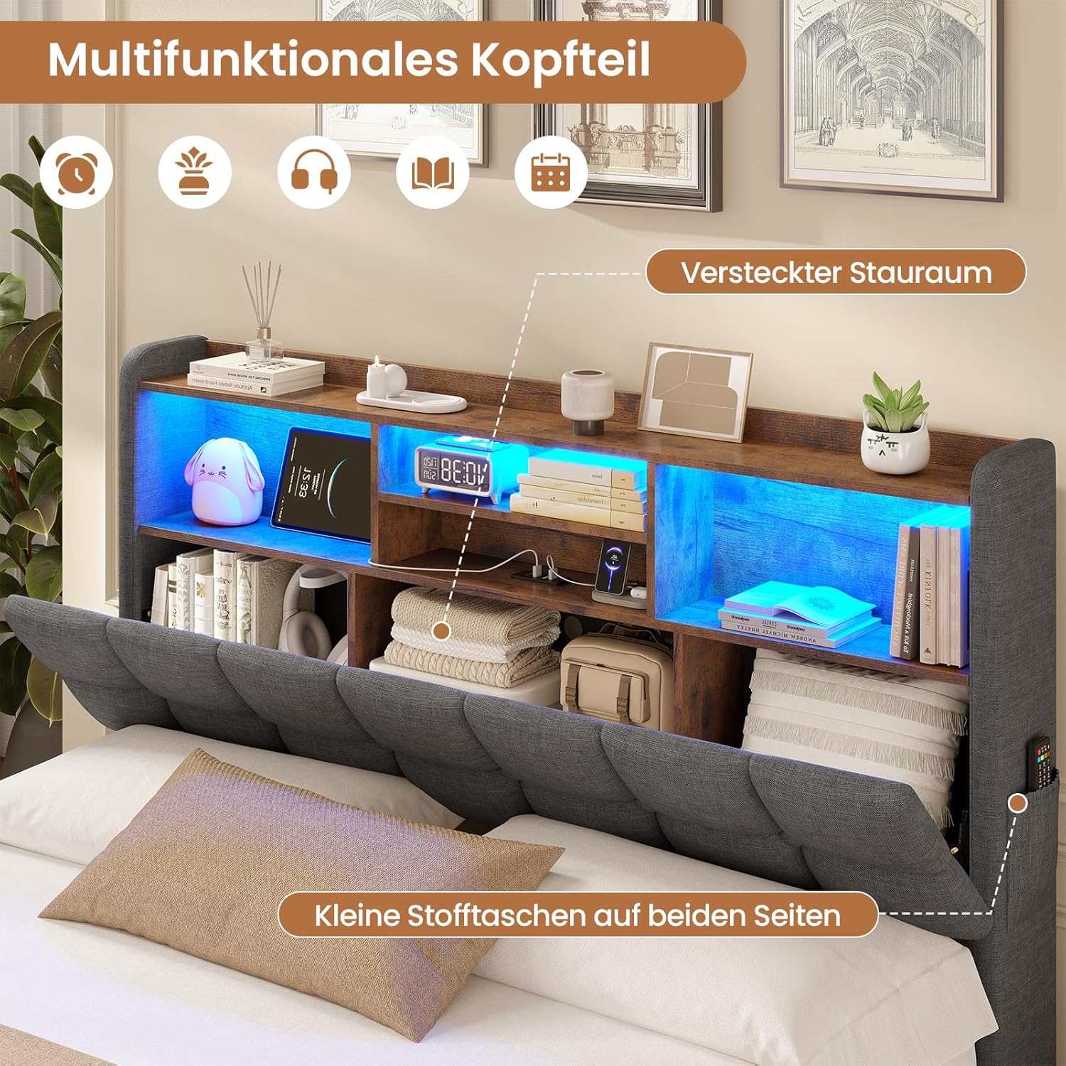 Polsterbett 140×200cm Hydraulisches Stauraumbett mit LED-Bleuchtung Jugendbett mit USB- und Type-C-Anschlüsse Doppelbett Bettgestell mit Holzlatten, Leinenstoff, ohne Matratze (Dunkelgrau, 140x200cm)