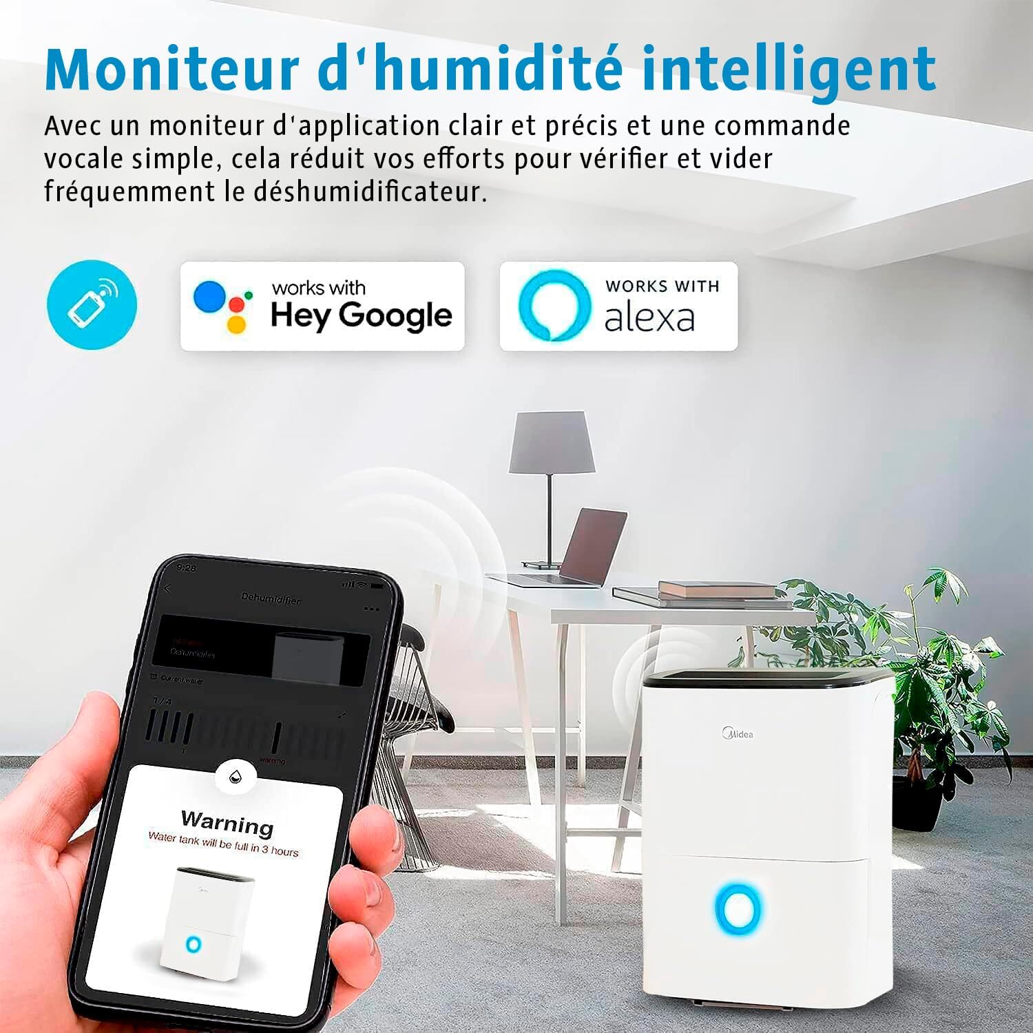 MIDEA Deshumidificateur d air electrique 20L - Adsorbeur d'humidité pour la maison, salle de bain, cave et garage - Surface de travail 40 m2 - Déshumidificateurs Anti Moisissures et Anti Humidité