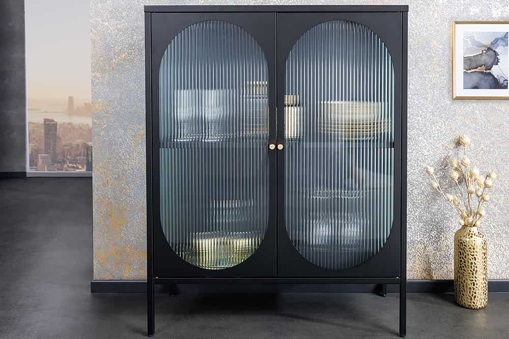 Moderne Vitrine PARIS 110cm schwarz gold Riffelglas Metall Sideboard Schrank