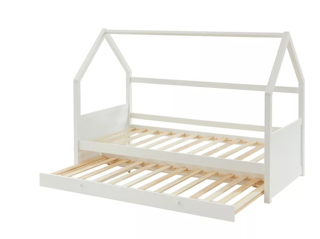 Lit gigogne cabane 2 x 90 x 190 cm - Pin - Blanc + Matelas - HURRA