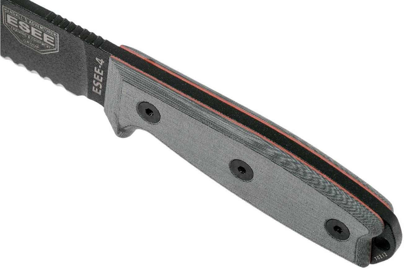 ESEE Model 4 serrated blade, grey handle 4S-MB-B met zwarte schede   clip en MOLLE-back