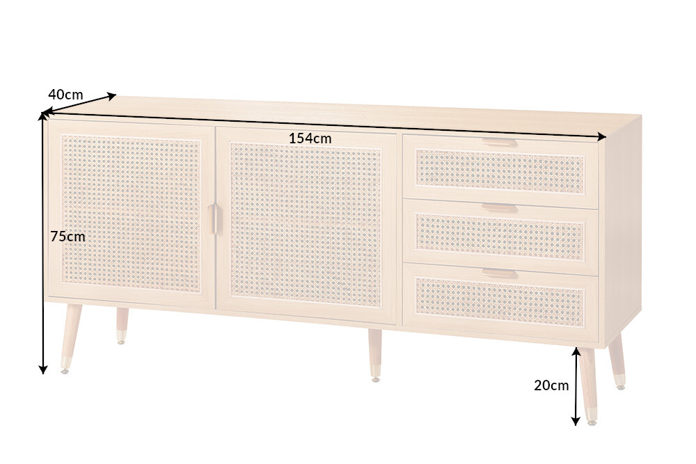 Design Sideboard VIENNA 155cm Wiener Geflecht Rattan Kommode mit Schubladen