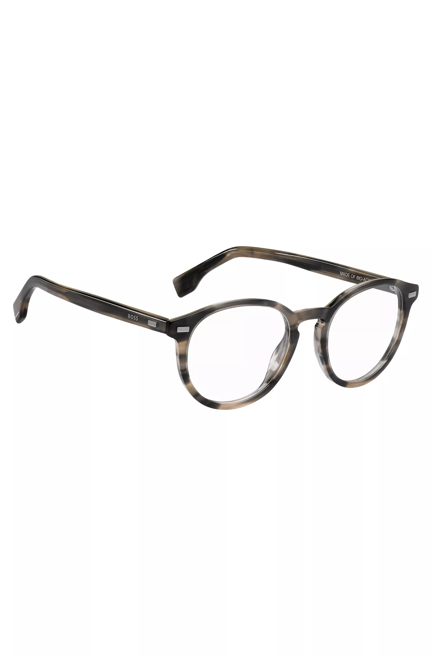 Armação de óculos BOSS em acetato preto com detalhes em metal e rebites.
