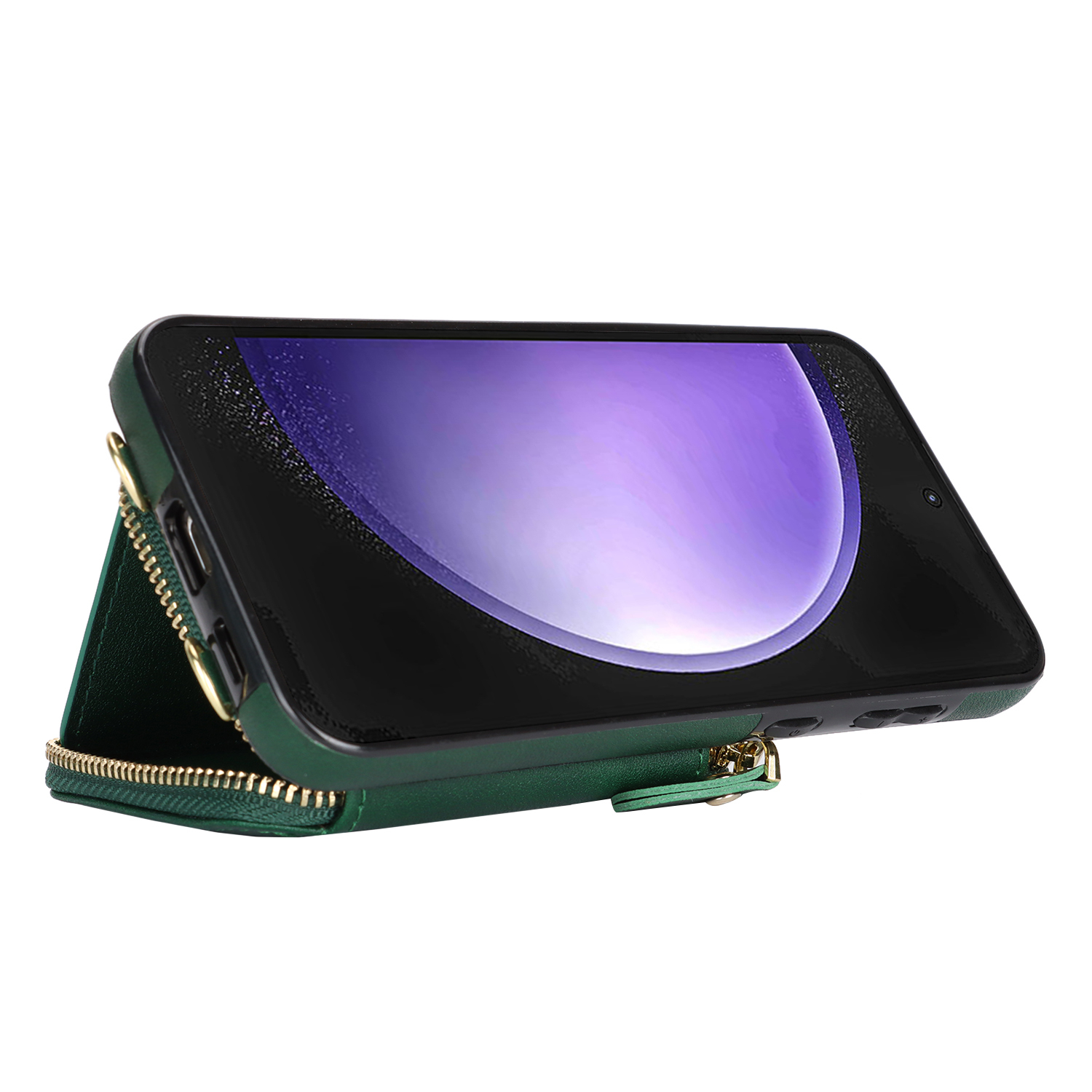 Samsung Galaxy S25 Necklace Leder Schutz Hülle mit Kartenfächer   Handykette (140cm) - Dunkelgrün