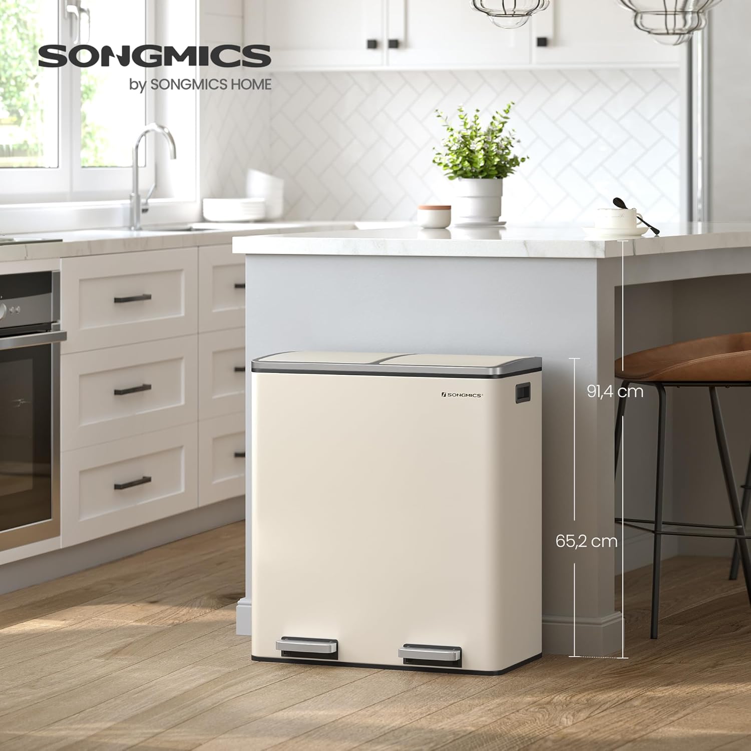 SONGMICS Mülleimer, 2 x 30 Liter, 2 Fächer, Mülltrennsystem, Treteimer, Abfalleimer Küche, 15 Müllsäcke, Metall, Inneneimer aus Kunststoff, Klappdeckel, Softclose, luftdicht, mandelfarben LTB060A01