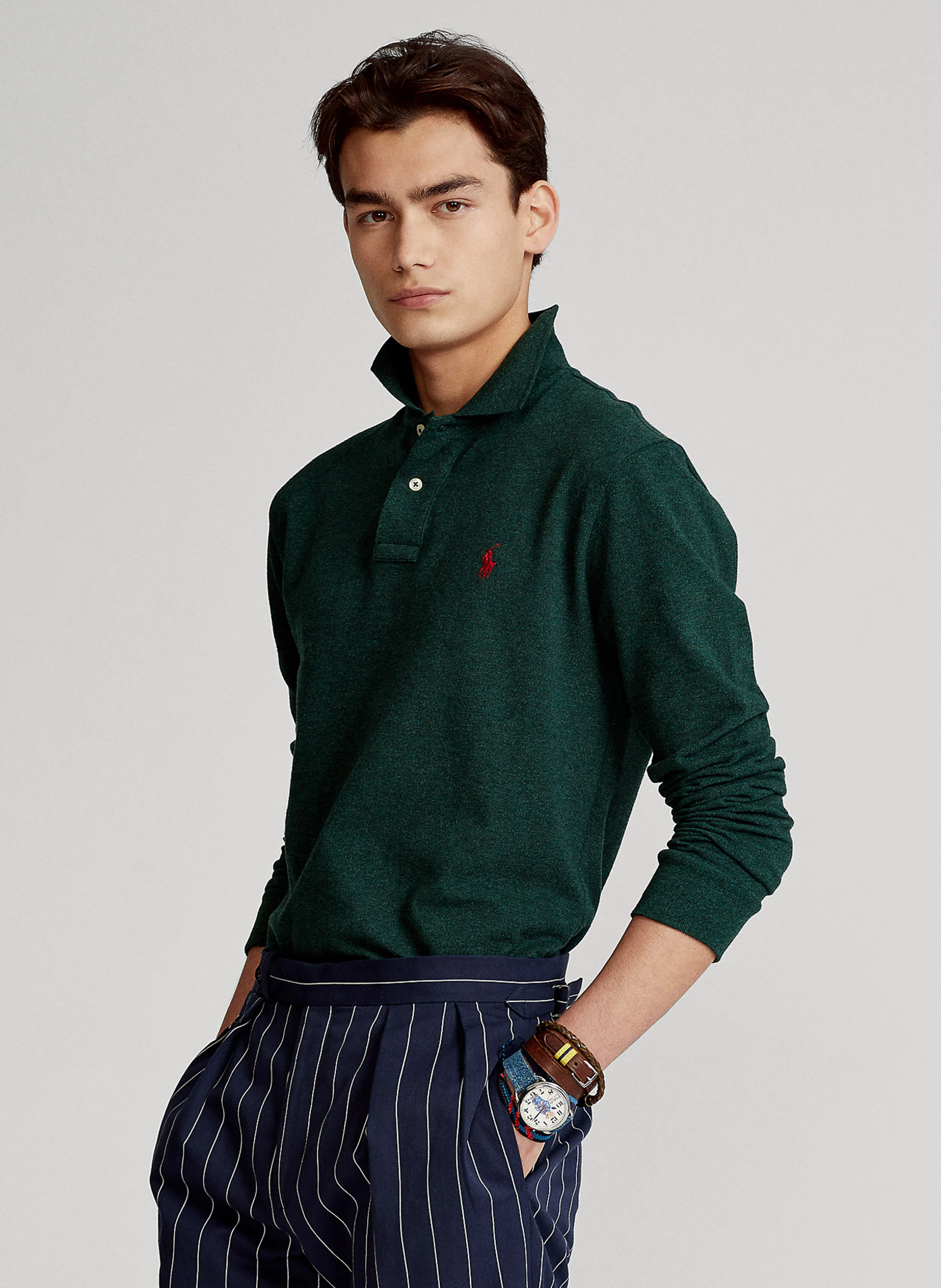 Polo manches longues regular-fit en piqué de coton | Vert
