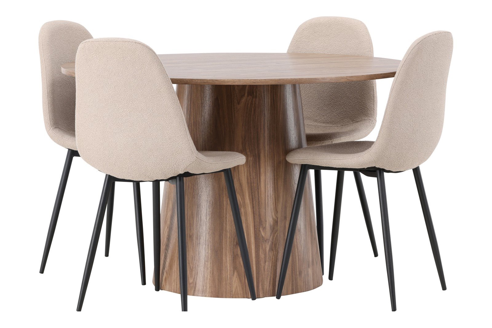 Lanzo og Polar Spisegruppe Lanzo rundt spisebord ø120cm i natur med 4 stk. Polar spisestoler i Beige bouclé og sorte ben.