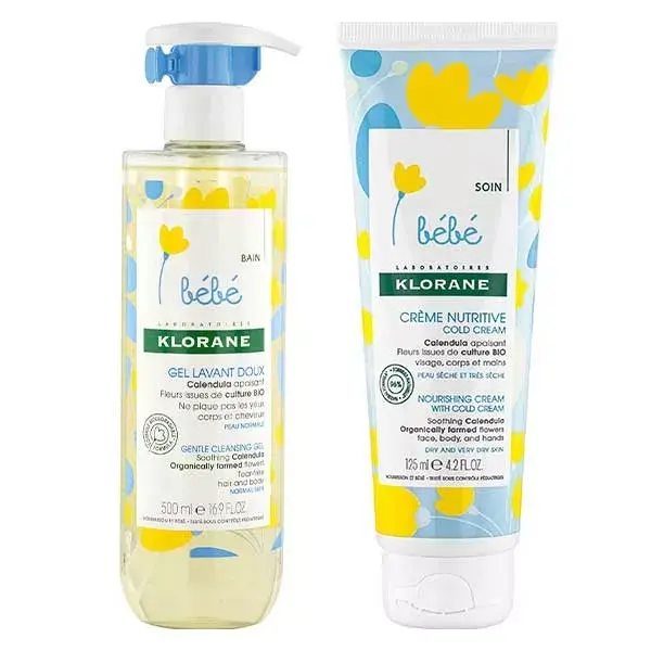 Gel de limpeza e creme nutritivo para rotina de bebês Klorane com calêndula