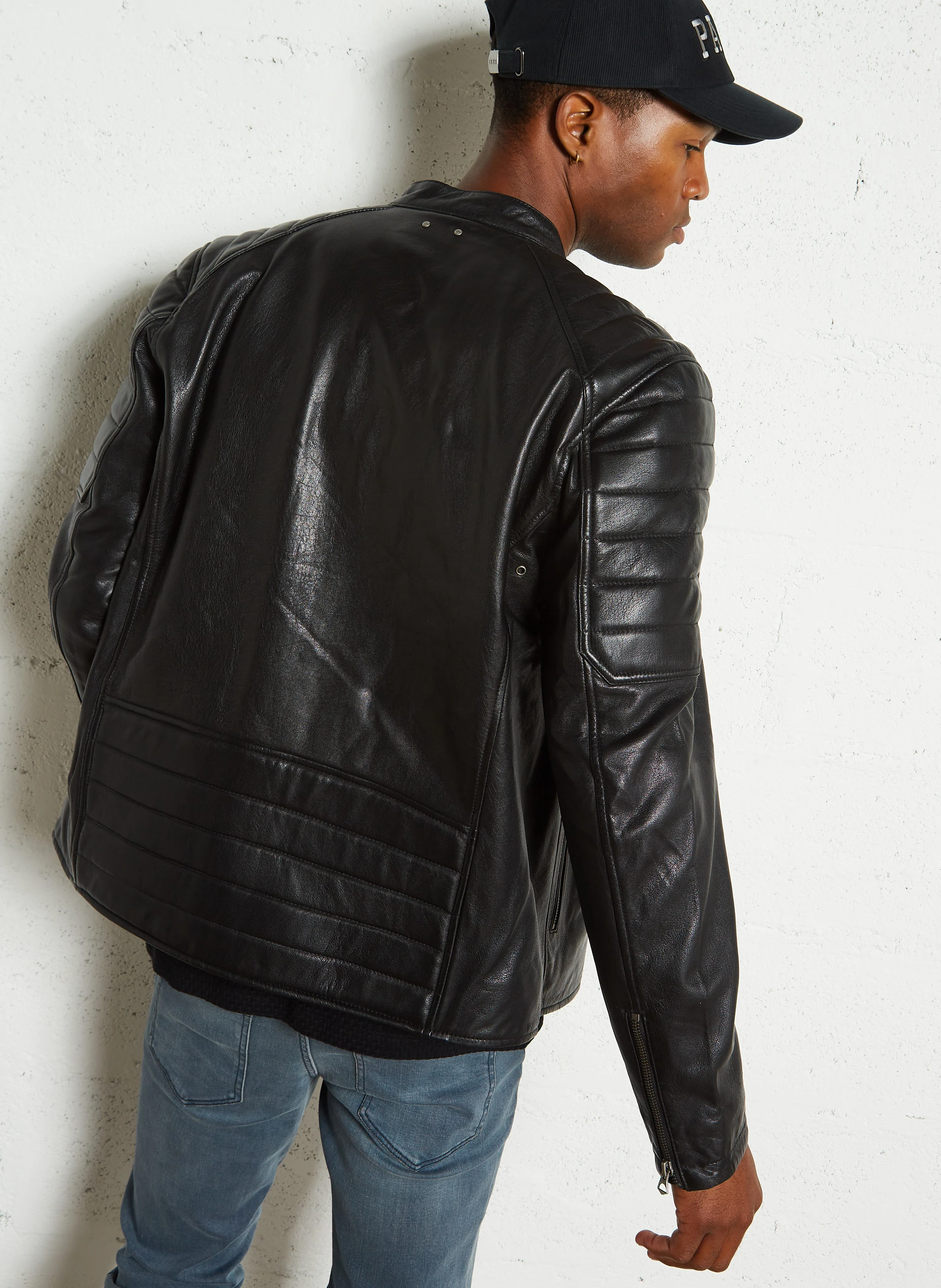 TRAVIS - Veste col rond en cuir | Noir