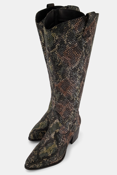 Lederstiefel, XXL-Schaft, Schlangenlederoptik, Weite H