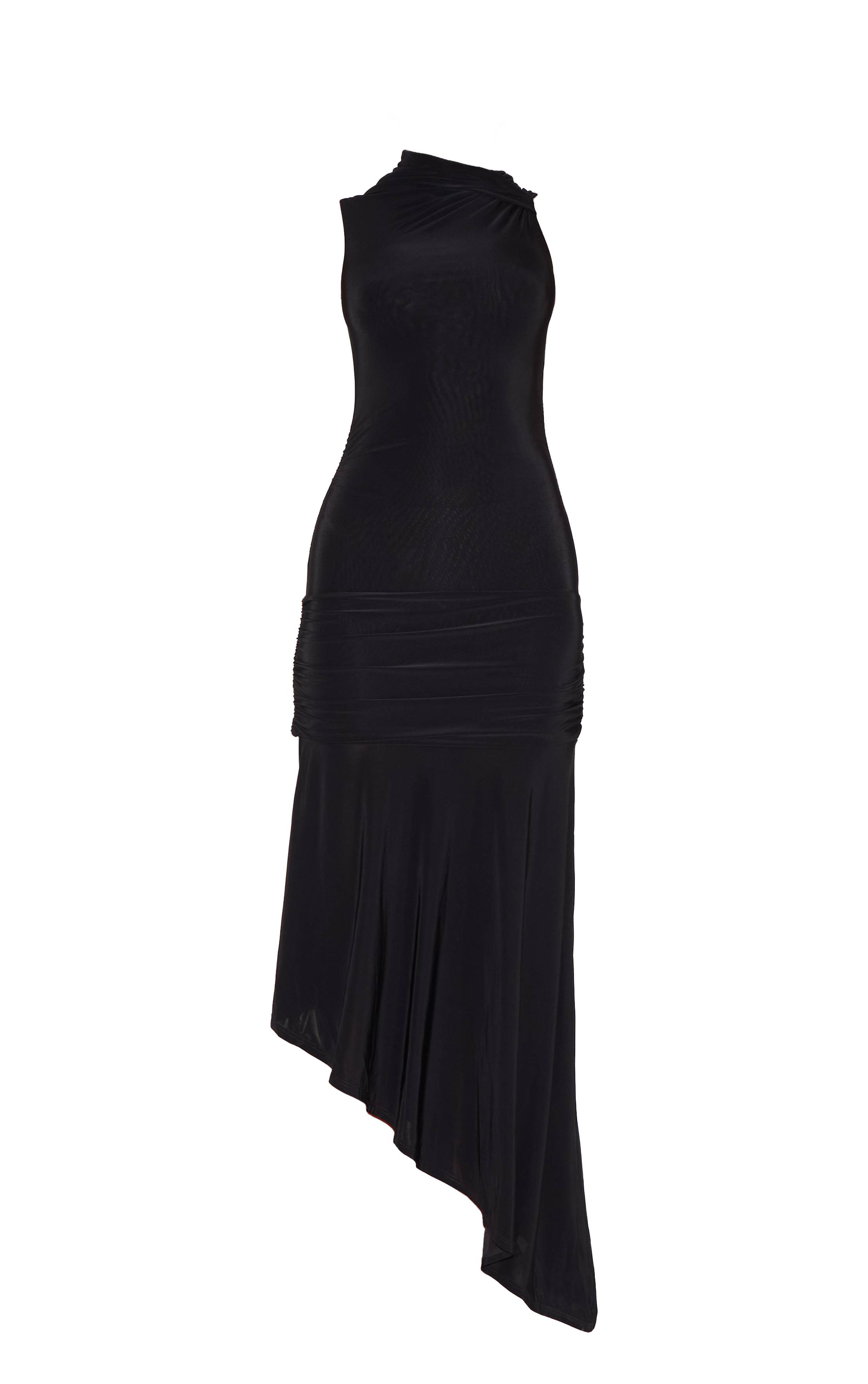 Noir Robe Mi-longue Asymétrique Froncée En Tissu Soyeux Double Épaisseur