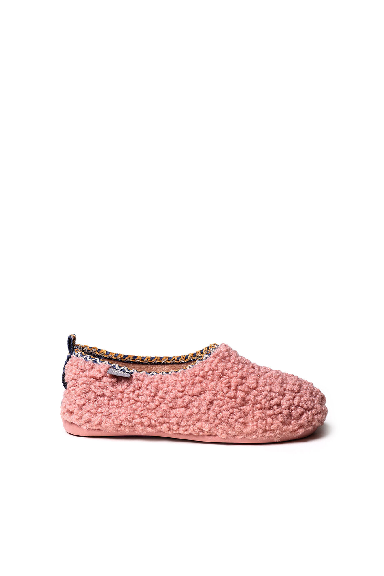 Sapato feminino estilo pantufa em pele de carneiro rosa.