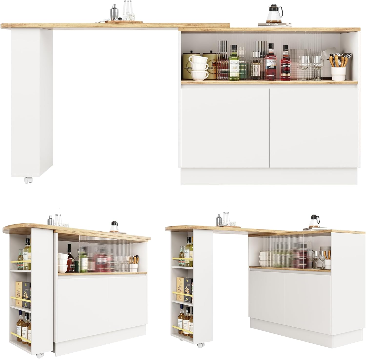 Azkoeesy Bartisch Esstisch 360° drehbare mit Stauraum, 90 x 45 x 100-165 cm, mit Rollen, Seitenregal, Schiebetüren aus Glas, Stehtisch/Bistrotisch/Hochtisch/Kücheninsel, weiß
