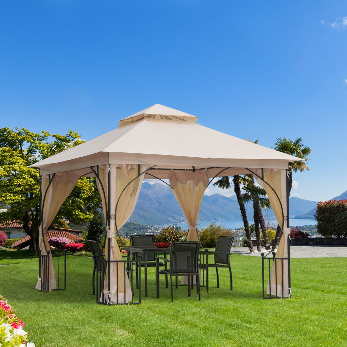 Outsunny Paviljoen, Tuinpaviljoen, 3x3m, Metaal, Polyester, Klamboe, Beige+Zwart