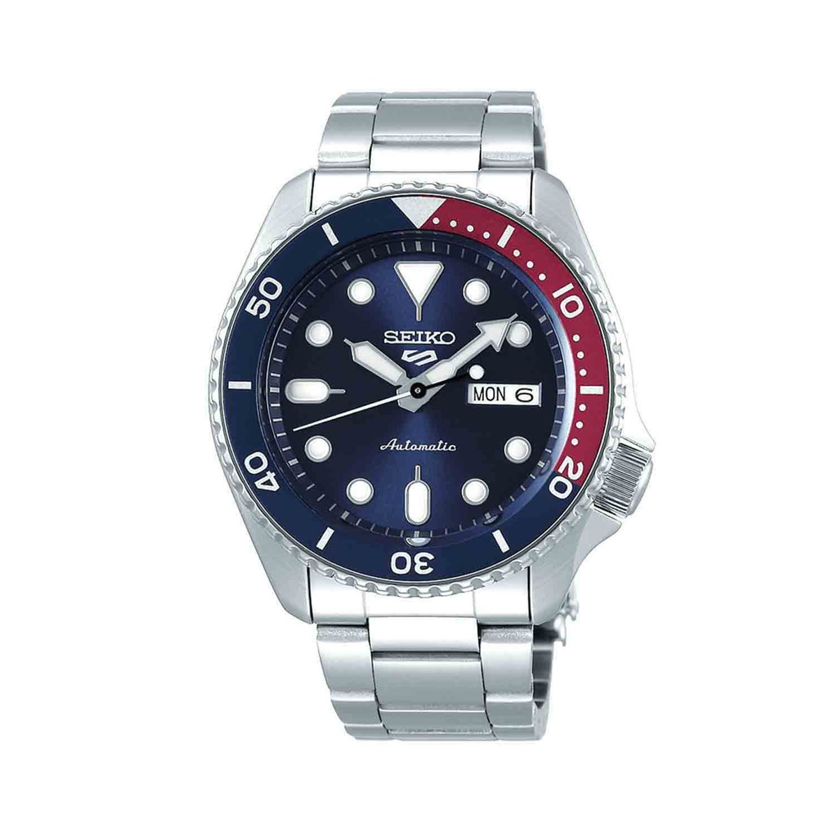 Montre Seiko 5 sport automatique acier 3 aiguilleslunette bleue et rouge