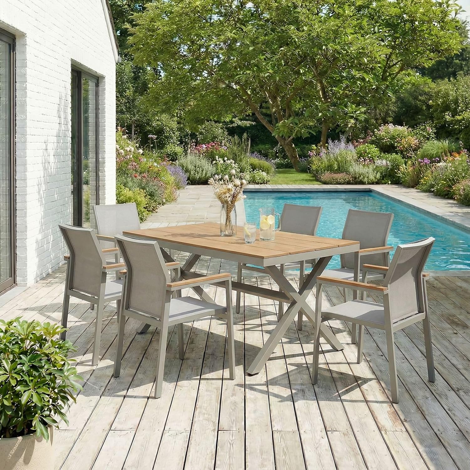 CARO-Möbel Gartenmöbelset Windy mit 1 Tisch und 6 Stühlen aus Alu und Non-Wood in Champagner, Esstisch Set in Holzoptik, Stühle mit Netz witterungsbeständig bespannt