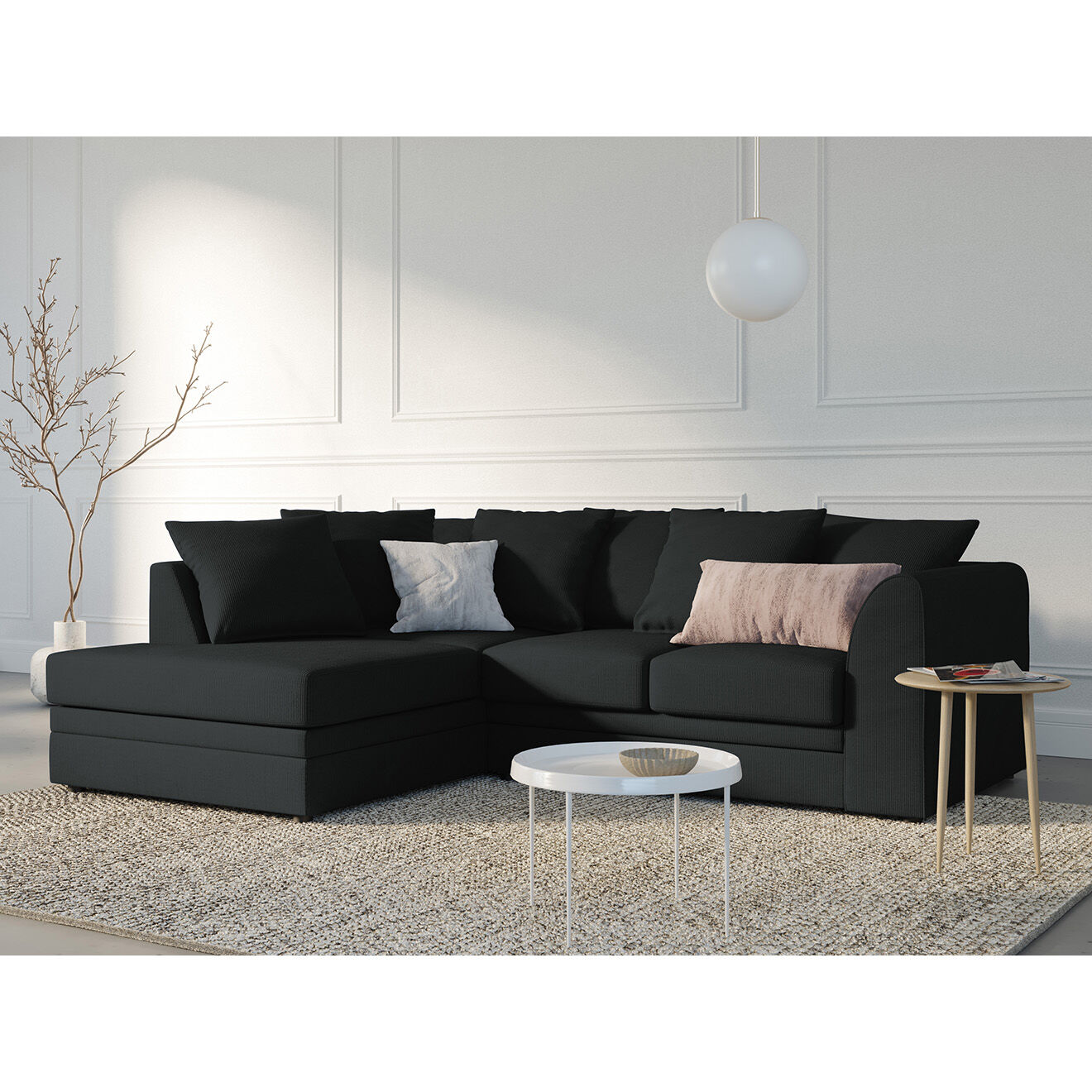 Mazzini Sofas Canapé d'angle Gauche Quince Velours côtelé 4 Places noir - 221x171x80 cm