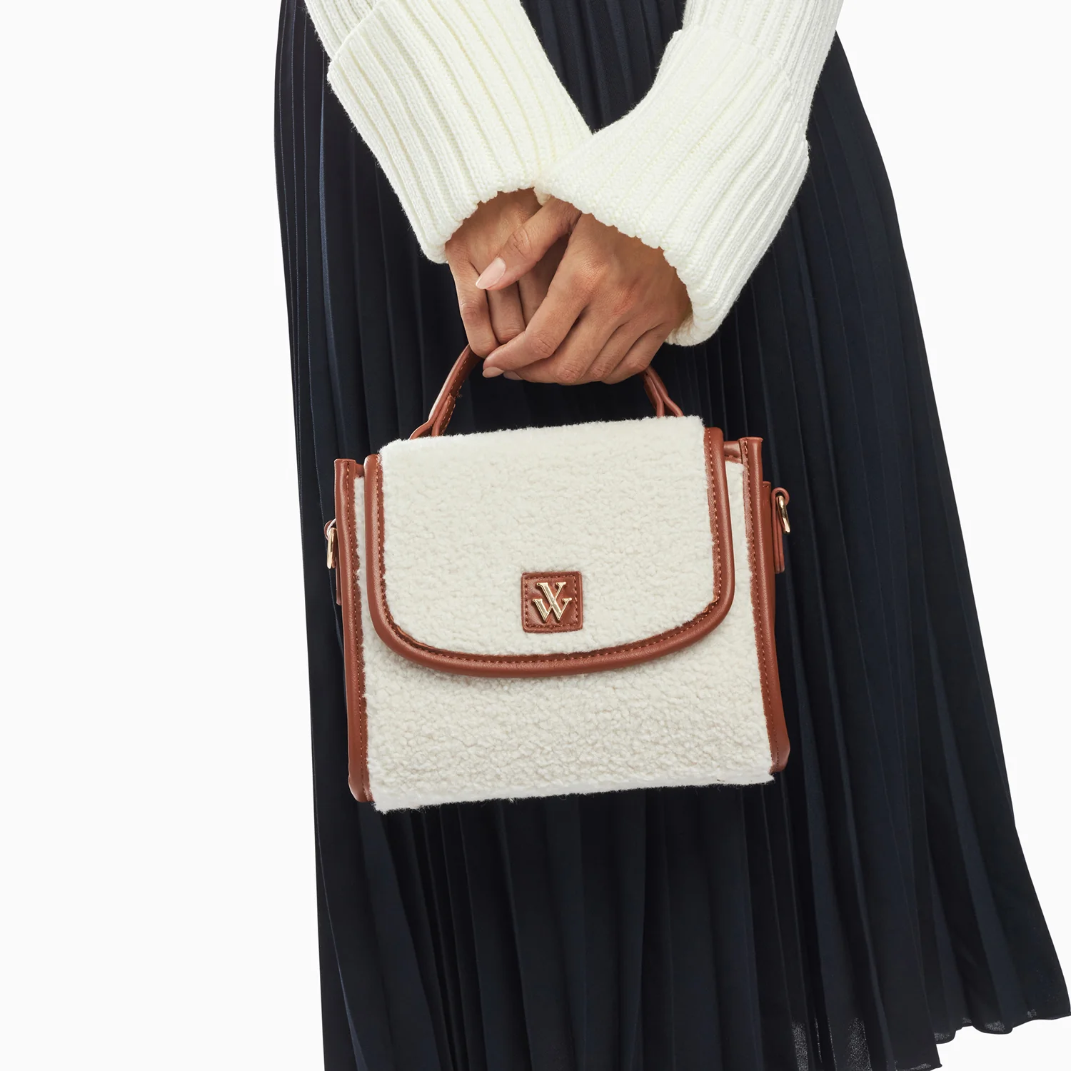 Sacs-Mini sac à main Victoria ivoire et camel en faux shearling