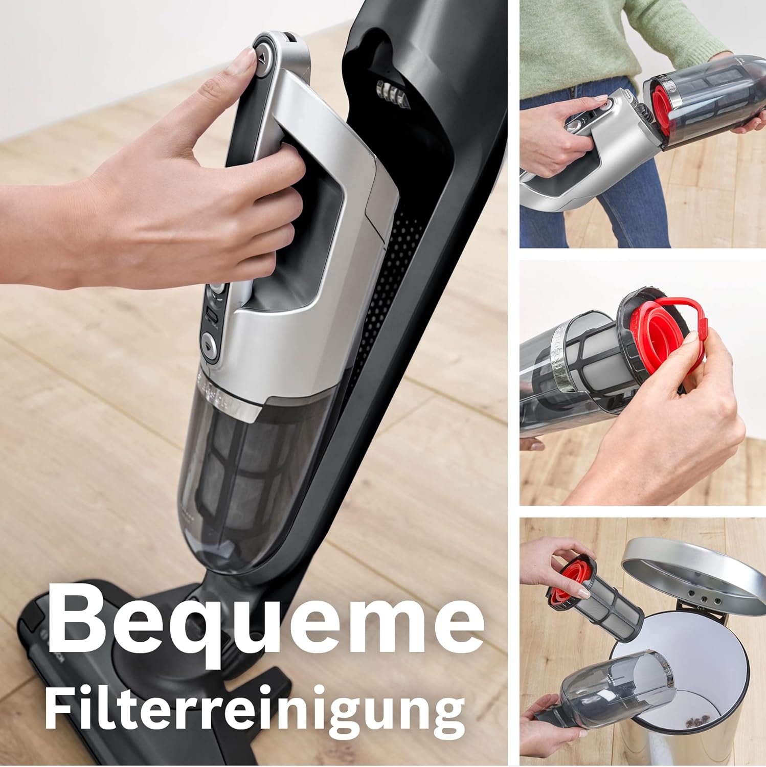 Bosch Akku-Staubsauger Flexxo 2in1 Serie 4 BBH3P280, kabelloser Handstaubsauger, beutellos, hohe Saugleistung, lange Laufzeit, Düse mit LED Beleuchtung, alle Bodenarten, dunkelgrau