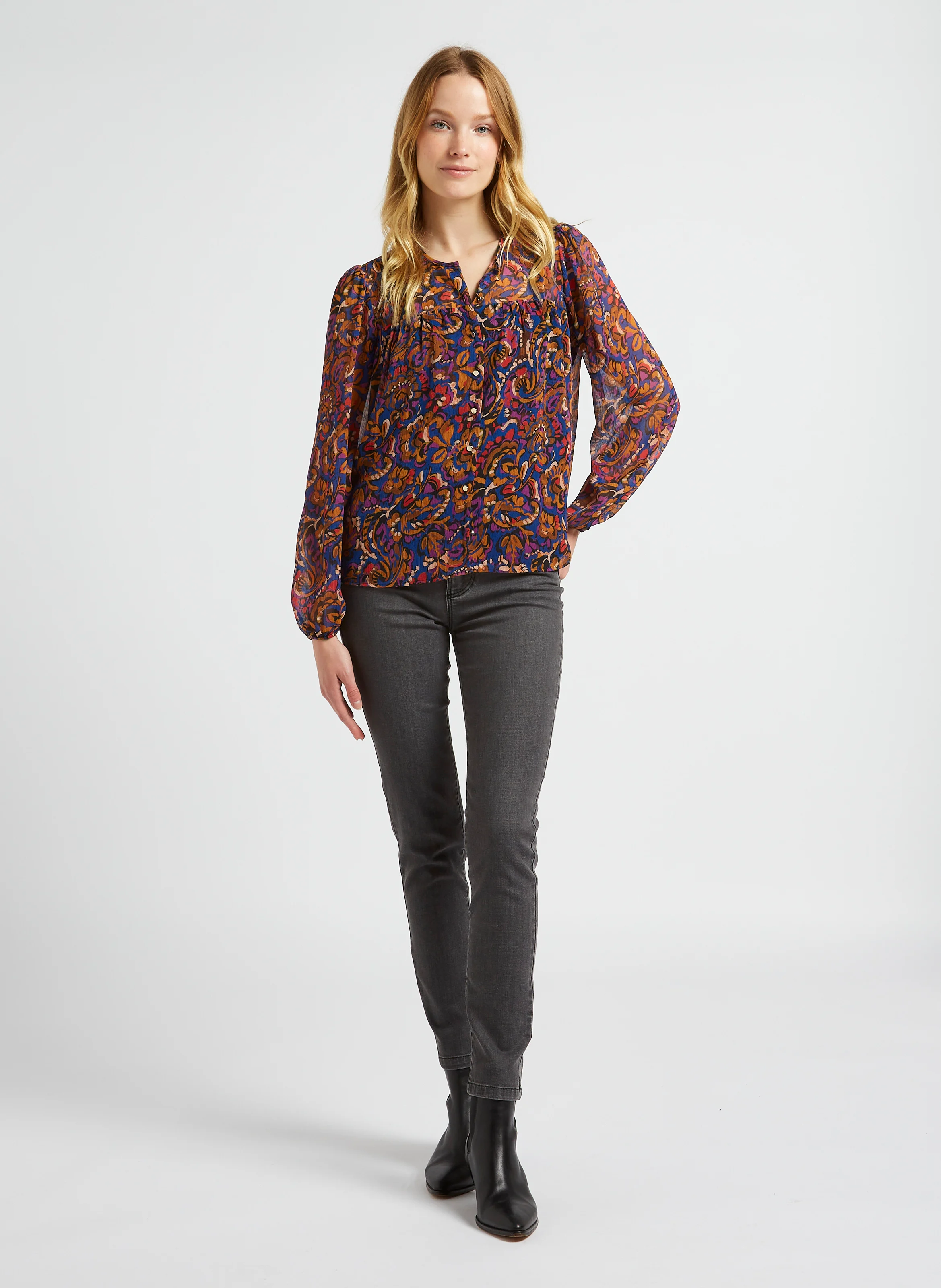 Jean slim taille haute en coton stretch | Gris
