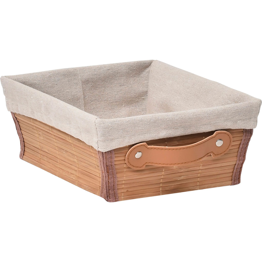 Corbeille bambou avec anse tissu lin 26x20.5cm